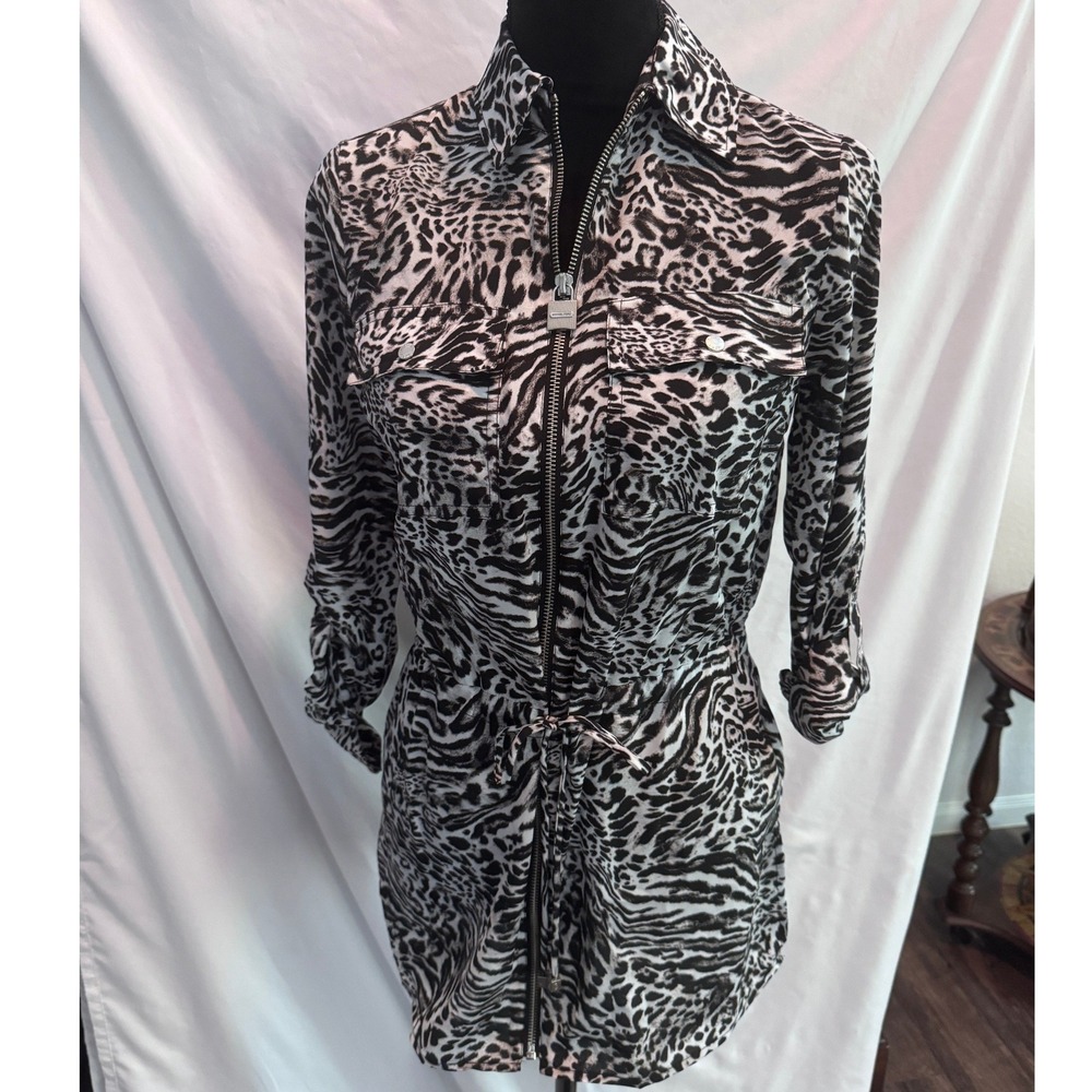 Michael Kors Animal Print Zip Front Utility Shirt‎ Dress Black White XS